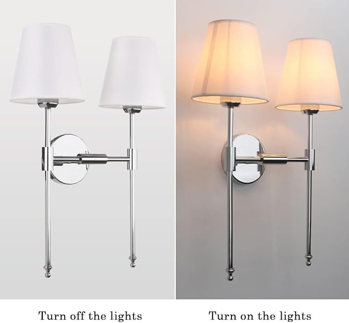 PERMO Classic Rustic Double Sconce 2 Lights Wall Sconce Lighting Fixture with Flared White Textile Lamp Shade (Chrome)