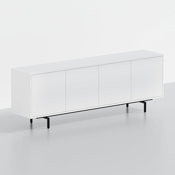 Norrhaus 75" x 26" 4-Door TV Stand in White - Modern TV Console Made from Quality Engineered Hardwood with Water Resistant Melamine Veneer - No Tools Frame Assembly