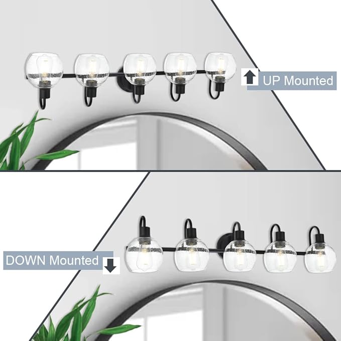 5-Lights Black Bathroom Vanity Light Fixtures Over Mirror, Modern Vanity Wall Sconce Lighting with Globe Seeded Glass Lampshades for Bedroom Kitchen Hallway
