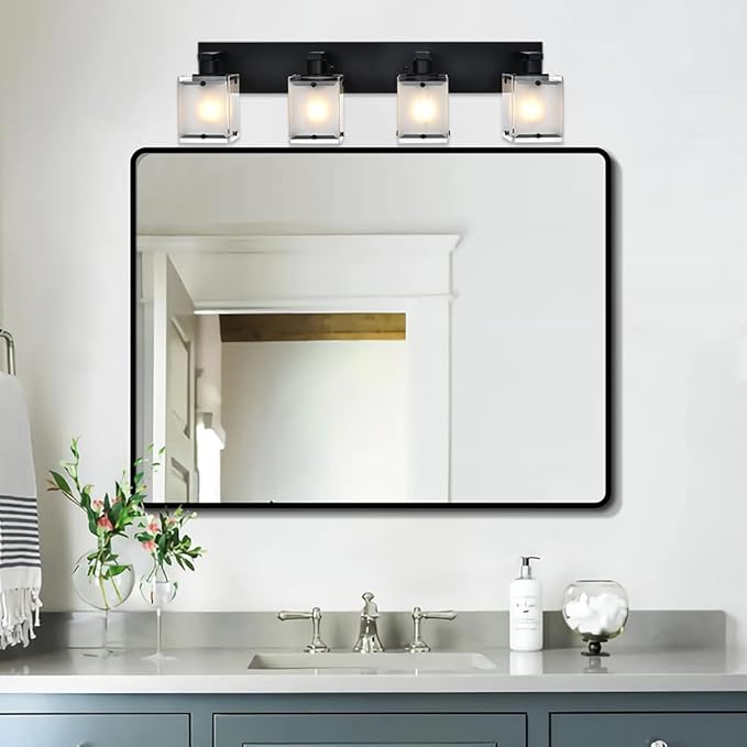 4-Lights Bathroom Vanity Lighting Over Mirror, Black Bathroom Wall Light Fixtures with Frosted Rectangular Glass Shade for Bath Living Room, E26 Bulb Base