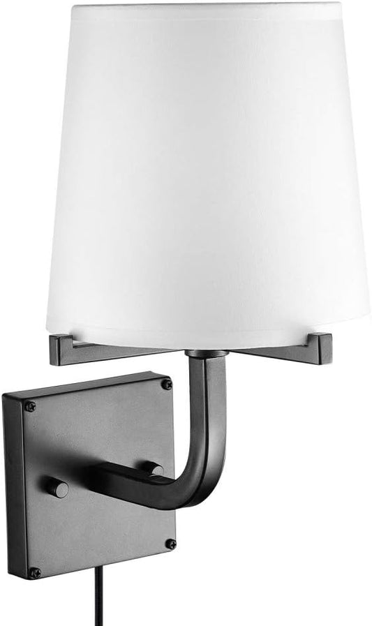 Globe Electric 51515 Valerie 1-Light Plug-in or Hardwire Wall Sconce, 6ft Black Fabric Covered Cord, Inline On/Off Rocker Switch, Dark Bronze with White Shade, Bulb Not Included