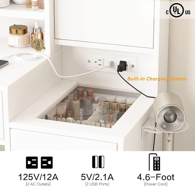 Vabches White Vanity Desk with Mirror and Lights, Vanity Table Makeup Vanity with Lights 3 Drawers and Cabinets, Charging Station & Sliding Door, Lots Storage Shelves