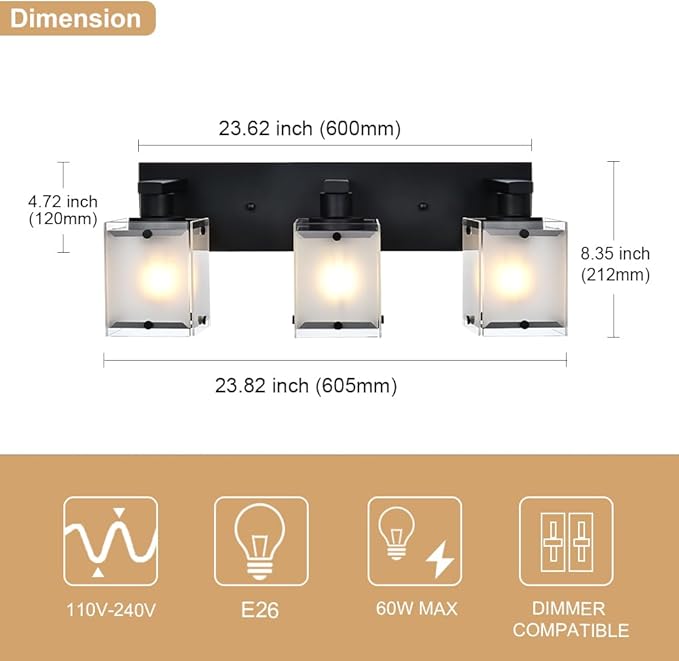 3-Lights Bathroom Light Fixture Over Mirror, Modern Black Wall Sconce Vanity Lighting Fixtures with Rectangular Frosted Glass Shade for Bathroom Kitchen Bedroom, E26 Bulb Base