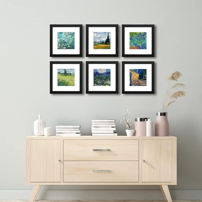 8x8 Picture Frame Set of 6 with Real Glass for Pictures 5x5 with Mat or 8x8 Without Mat, Wall Gallery or Tabletop display Photo Frames in Black