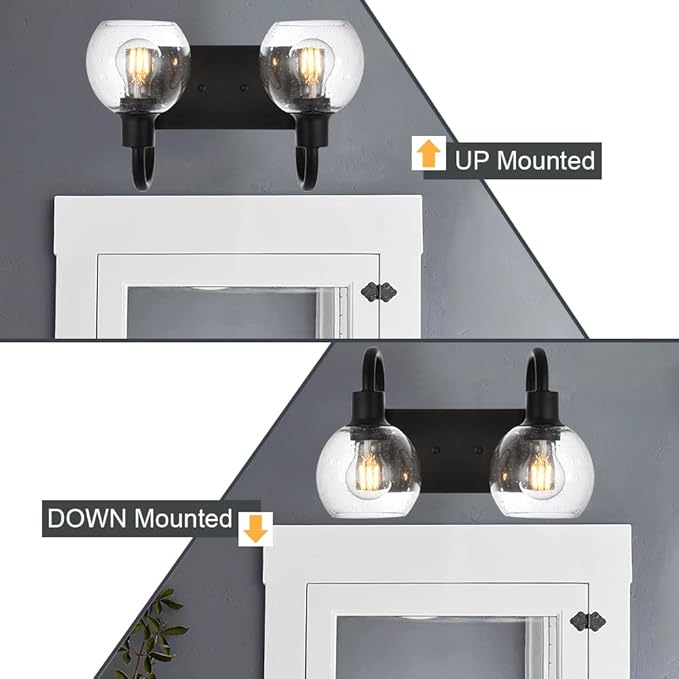Bathroom Vanity Light with Globe Seeded Glass 2-Lights Industrial Black Wall Sconce Lighting for Foyer Hallway