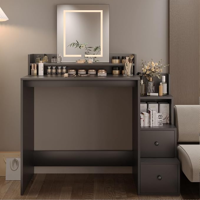 Vanity Desk with Mirror and Lights, Makeup Vanity Desk with Lights 3 Colors, Vanity Table with 2-Tier Shelves, Modern Black Dressing Table for Bedroom