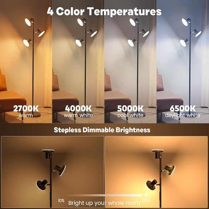 36W LED Tree Floor Lamp, Modern Dimmable Standing Lamp with Remote & Touch Control, 4 Color Temperatures, 3 Rotatable LED Light Floor Lamps for Living Room, Bedroom, Office