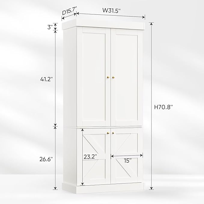 Vyre 70.8" Tall White Bookshelf with Doors, Farmhouse Modular Bookcase with 4-Tier Adjustable Shelves, Large Storage Cabinet for Home Office, Living Room, Set of 3