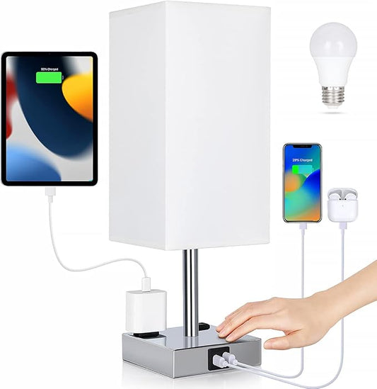 Bedside Lamp with USB Ports - Touch Control Table Lamp for Bedroom with USB C+A Charging Ports & AC Outlets, 3 Way Dimmable Nightstand Light for Living Room (LED Bulb Included, Chrome - White)