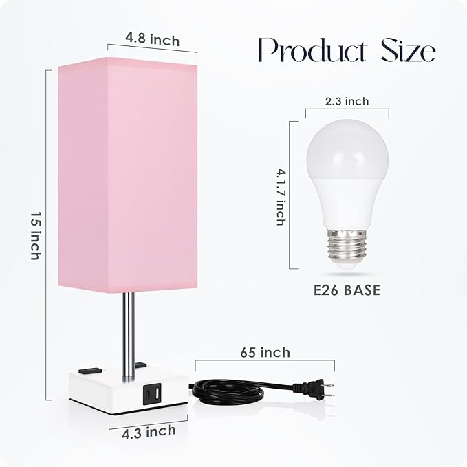 Bedside Lamp with USB Ports - Touch Control Table Lamp for Bedroom with USB C+A Charging Ports & AC Outlets, 3 Way Dimmable Nightstand Light with White Base for Living Room (LED Bulb Included, Pink)