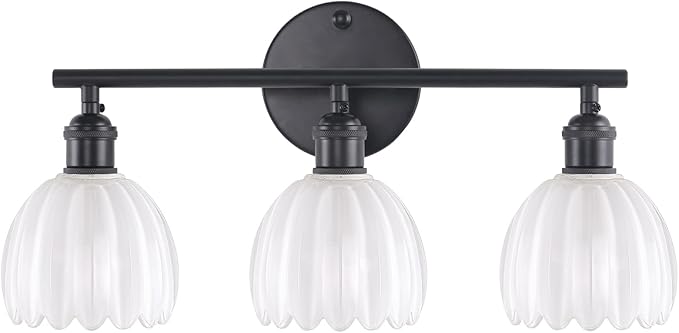 Bathroom Light Fixtures, 3-Light Black Vanity Wall Light Over Mirror with White Tulip Glass Shade for Bedroom Living Room