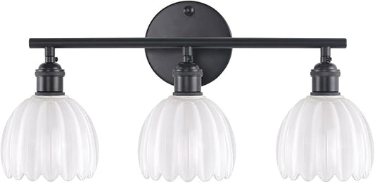 Bathroom Light Fixtures, 3-Light Black Vanity Wall Light Over Mirror with White Tulip Glass Shade for Bedroom Living Room