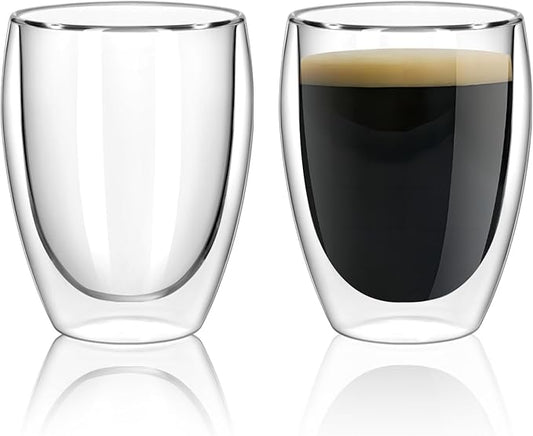 Glass Coffee Mugs Set of 2, Double Walled Clear Coffee Cups 12oz, Clear Latte Espresso Mugs for Milk Juice, Clear Glass Cappuccino Cup Glassware Gift for Christmas Birthday