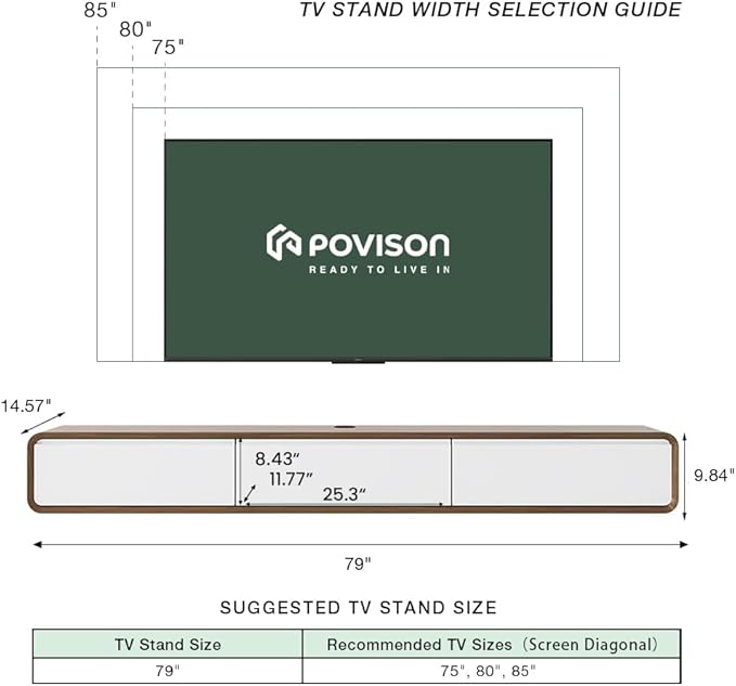 POVISON Fully-Assembled Minimalist Floating TV Stand, Modern Wall-Mounted Entertainment Center with 3 Flip-Down Cabinet Doors, Solid Wood, Walnut Veneer & White, 78"