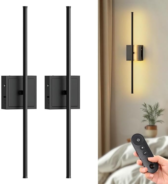 DORESshop Battery Operated Wall Sconces Set of Two with Remote Control, Rechargeable Wall Sconce, 350°Rotate Dimmable Wireless Wall Sconce for Living Room, Hallway, Bedroom, 23.7 Inch, Black(2 Pack)