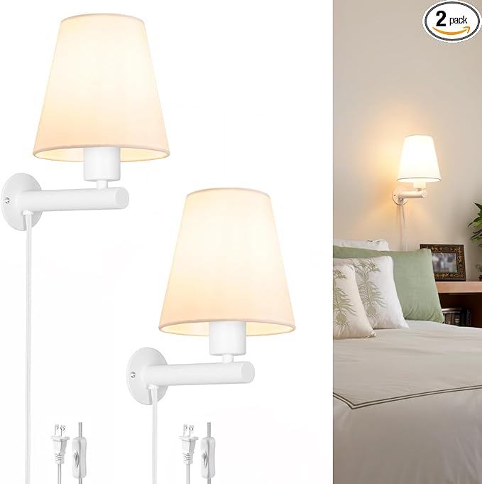 White Plug in Wall Sconces Set of Two, Wall Lamp with Plug in Cord On/Off Switch, White Bedroom Sconces Set of 2 Plug in, Bedside Wall Mounted Light with Fabric Linen,Wall Decor for Living Room