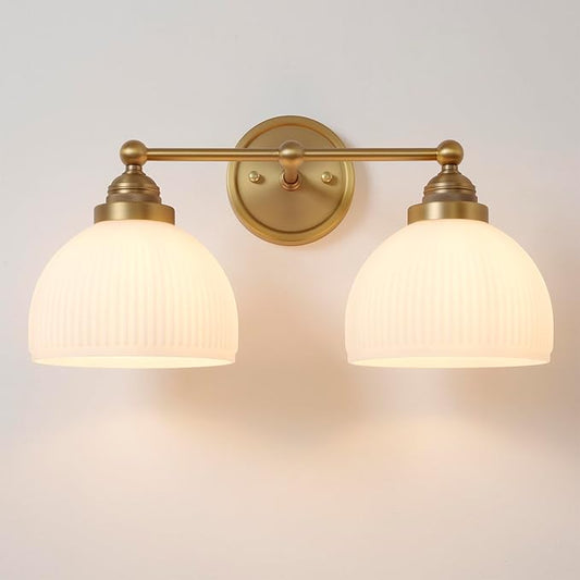 2-Lights Milk White Glass Wall Sconce Lighting Brass Finished, Double Arm Bathroom Vanity Light Fixture for Bedroom Living Room Dining Room Hallway