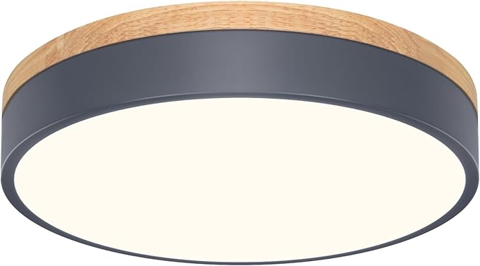 Modern Dimmable LED Close to Ceiling Light Minimalist Wood Oak Flush Mount Ceiling Light Fixture with Lampshade for Bedroom Living Room Bathroom Laundry Room (Grey-Dimmable, 11.8''/30cm)
