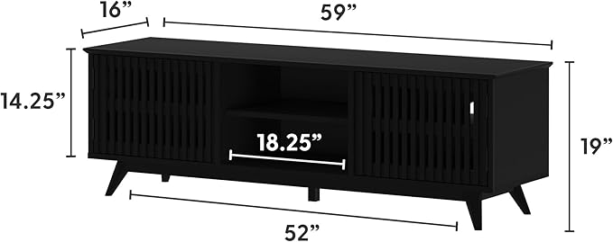 Plank+Beam Mid-Century Modern Wood TV Stand, Solid Wood Entertainment Console with Storage, 59" L x 16" W x 19" H, Black