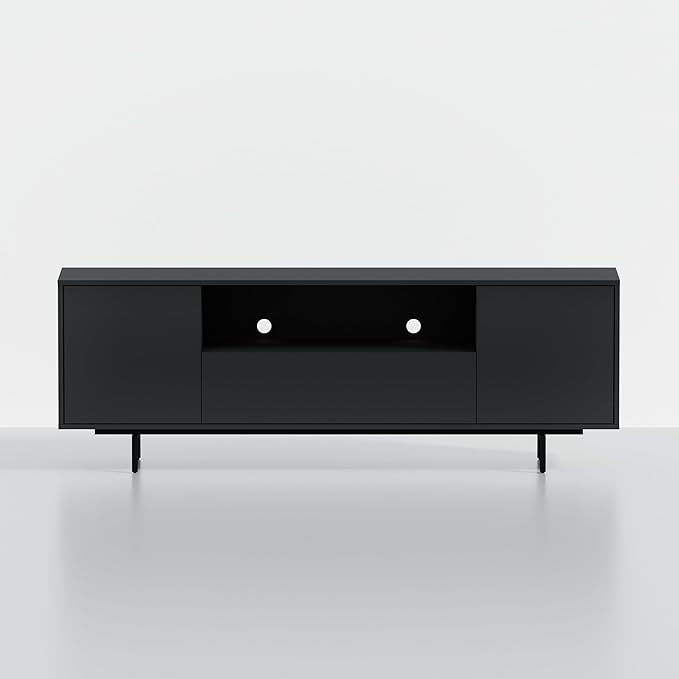 Norrhaus 75-Inch Modern TV Stand – Black Finish, 26-Inch Height, No Tools Assembly Technology, Storage Cabinets with Center Channel Speaker Shelf, Mid-Century Modern Design