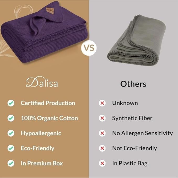 Dalisa 100% Organic Turkish Cotton Throw Blanket - GOTS Certified, Cozy - Perfect for Couch, Bed, and Home Decor - Boho Vintage Knit Alina (Sweet Grape, 55x70)