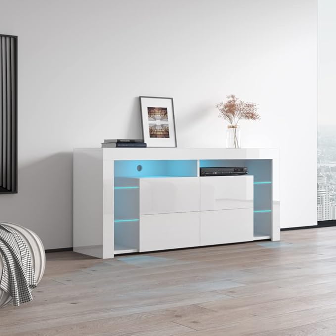 Meble Furniture Minelli 61" TV Stand with LED Light System - Modern TV Stand with Storage Cabinets - LED TV Stand for Living Room - Media Entertainment Center Console Table for TVs up to 70'' - White