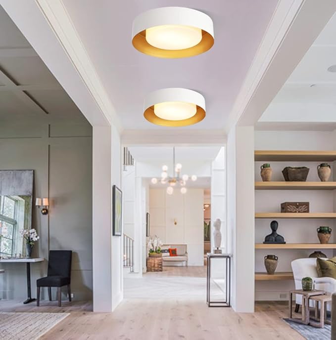 Modern Flush Mount Ceiling Light,Minimalist Close to Ceiling Lighting Fixture,White and Gold Flush Mount Light Fixture forBedroom,Entry, Hallway,Balcony, Bathroom (16.5'')