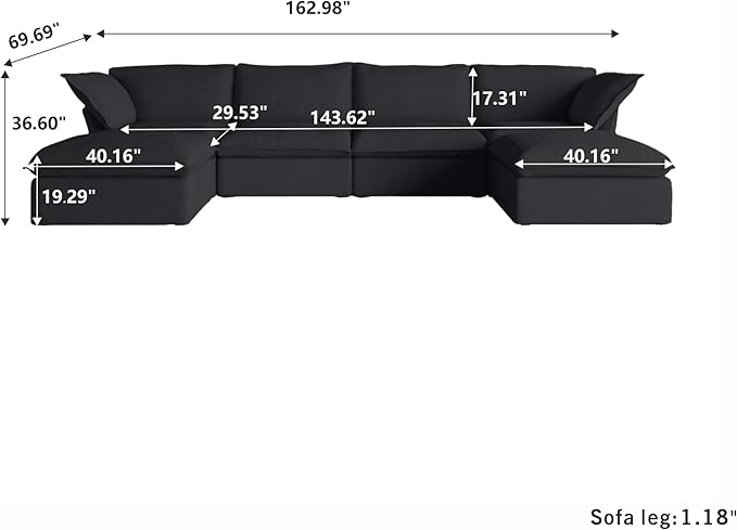 JACH U Shape Sectional Couches for Living Room, 6-Seat Modern Comfy Couch, Convertible Sectional Sofa, Sectional Sofas with Chaise Ottomans for Living Room Bedroom Office Apartment (Black)