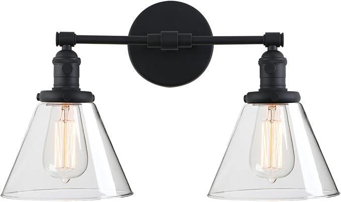 Phansthy 2-Light Industrial Wall Light Black Wall Sconce Light Fixture with Dual 7.3 Inches Cone Clear Glass Canopy(Black)