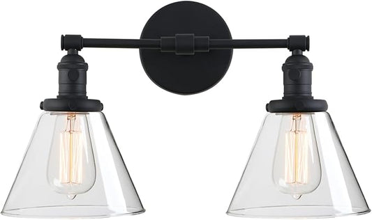 Phansthy 2-Light Industrial Wall Light Black Wall Sconce Light Fixture with Dual 7.3 Inches Cone Clear Glass Canopy(Black)