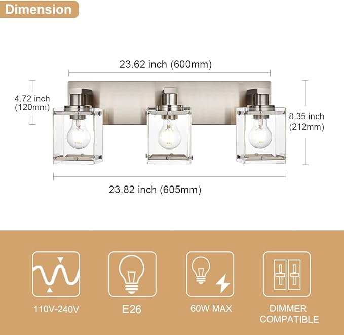 3-Lights Bathroom Wall Light Fixtures E26 Bulb Base, Brushed Nickel Vanity Lighting Fixtures Over Mirror with Clear Glass Shades for Living Room Hallway Kitchen