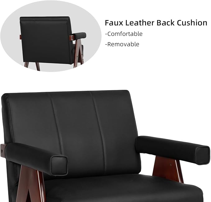 AODAILIHB Mid Century Modern Chairs Set of 2 Black Leather Accent Chair Wood Arms with Soft Bag Living Room Chairs with Thick Cushion Comfy Leisure Waiting Room Chairs Bedroom/Office (2, Black)