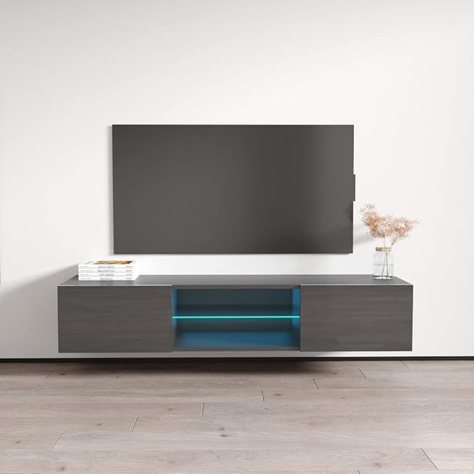 Meble Furniture Fly Type-33 TV Stand - Rectangular Shape Modern High Gloss TV Stand with Storage Cabinets & Led Lights - Wall-Mounted Media Entertainment Center Console Table for TV Up to 70" - Gray