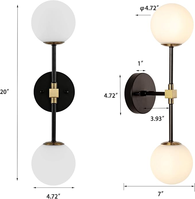 Modern Wall Sconce 2-Lights Industrial Mid Century Bathroom Vanity Wall Light with White Globe Glass Shade Gold & Black Finished Lighting Fixture