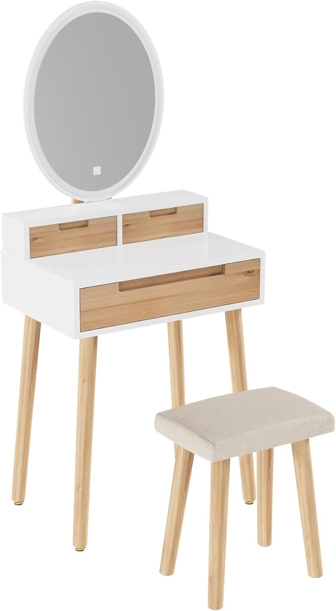 YOURLITE Small Makeup Vanity Desk with Lights, Compact Vanity Desk with Adjustable Brightness Mirror for Small Spaces, Dressing Table with Drawers and Storage Shelves