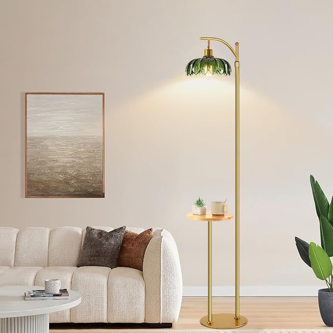 Arc Floor Lamp with Table and Shelves,Gold Floor Lamp for Living Room Glass Floor Lamps with Remote Control & 3 Color Temperature,Dimmable Standing Lamp Tall Flower Floor Lamps for Bedroom Corner