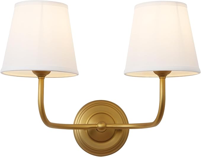 Vintage 2-Lights Fabric Wall Sconce with White Cloth Shade, Double Arm Wall Lamp Fixture for Bathroom Bedroom Living Room Hallway