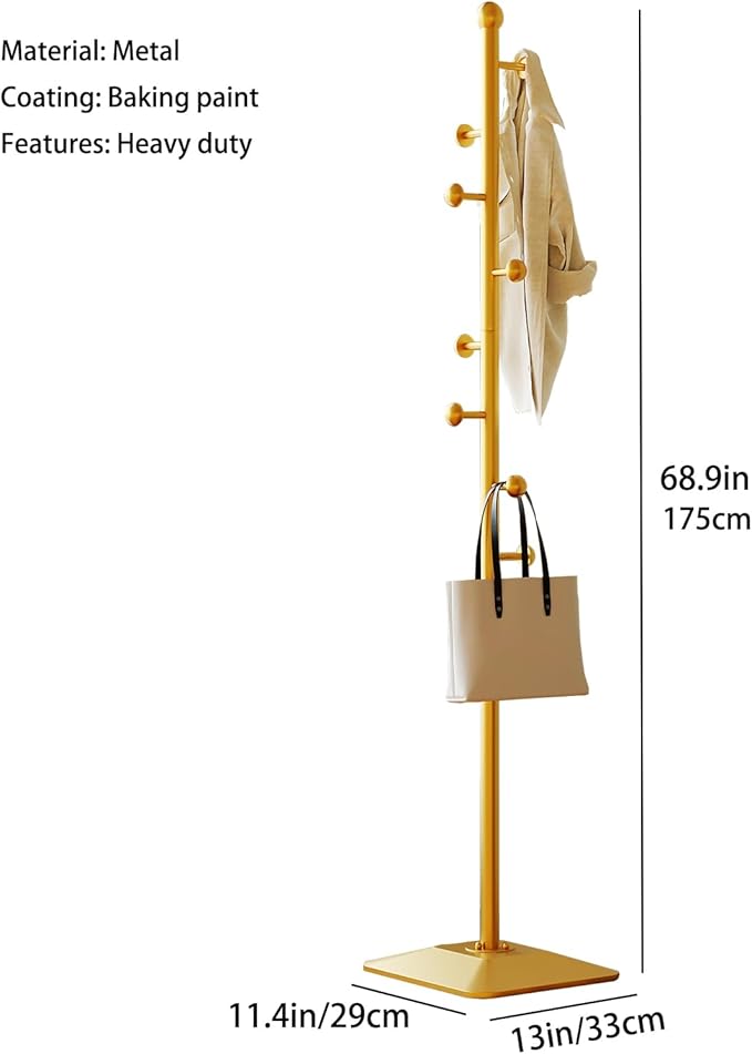 Gold coat rack,Metal coat hanger stand,Coat Tree freestanding Heavy duty with 8 Hooks and Cast iron base for coats,Hat,scarf,jacket,purse