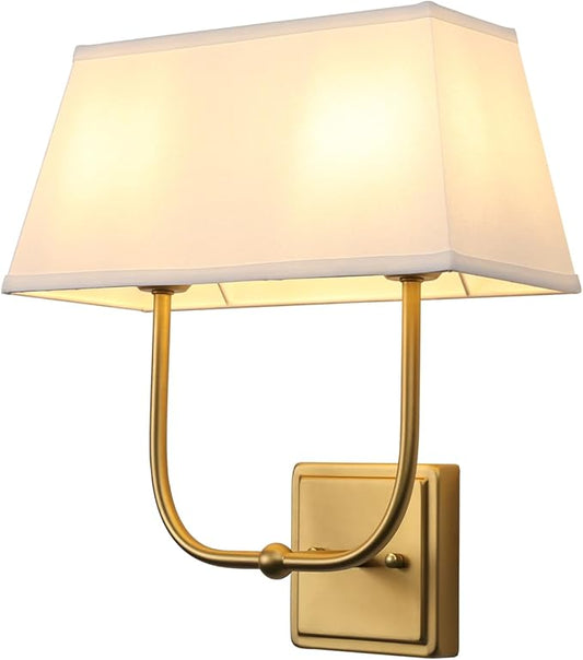 Vintage 2-Lights Wall Sconces with White Fabric Lampshade, Double Head Bathroom Vanity Lights Fixture in Antique Brass, Indoor Wall Lamps for Bedroom Living Room Hallway Stairway