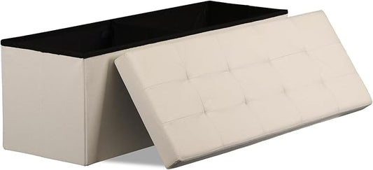 SUPER DEAL Storage Ottoman Bench, 43 Inches Folding Ottoman Foot Rest, Storage Chest with Padded Seat, End of Bed Bench for Living Room Bedroom Entryway, Load 660 lbs, 15" x 43" x 15" Beige