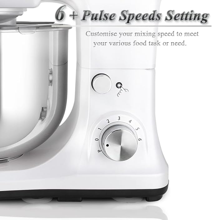 Stand Mixer 5-QT, 6+P Speed Tilt-Head Food Mixer 300W Dough Mixer with Stainless Steel Bowl,Dough Hook,Flat Beater&Whisk Electric Kitchen Mixer for Household Baking, Anti-Slip(Pearl White)