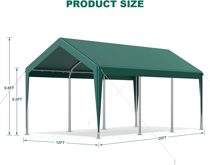 12x20FT Heavy Duty Carport Potable Car Canopy Garage Party Tent Boat Shelter,Waterproof & UV Protected with Four Wind-Resistant Ropes, Outdoor Tents for Cars,Boats,Trucks, Motorcycles(Green)