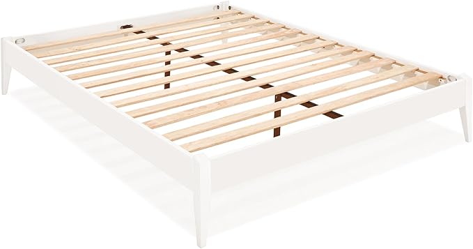 Bme Dinkee Signature Ivory White Queen Bed Frame Without Headboard - Modern & Minimalist Style with Acacia Wood - 12 Strong Wood Slat Support - Easy Assembly - No Box Spring Needed