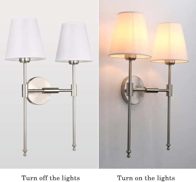 PERMO Classic Transitional Double Sconce 2-Lights Wall Sconce Lighting Fixture with Flared White Textile Lampshade and Brushed Nickel Finished Long Arm for Indoor Bathroom Bedroom Bedside