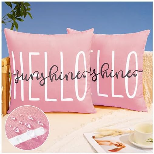 DFXSZ Outdoor Pillow Covers 20x20 Inch Set of 2 Hello Sunshine Decor Pink Waterproof Throw Pillow Covers Summer Outdoor Waterproof Pillow Covers Decor for Patio Funiture Garden Sofa Couch 020F20