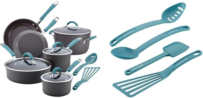 Rachael Ray Cucina Hard Anodized Nonstick Cookware Pots and Pans Set, 12 Piece, Gray & Cucina Nylon Nonstick Utensils/Fish Turner, Spatula, Solid and Slotted Spoons, 4 Piece, Agave Blue
