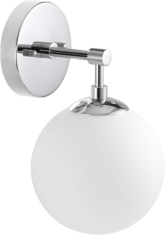 XiNBEi Lighting Globe Wall Sconce Modern 1 Light Chrome Sconce Bathroom Opal Glass Vanity Wall Light Fixture for Bath, Hallway & Bedroom XB-W1211-CH