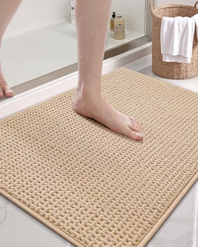 Color&Geometry Chenille Rubber Backed Beige Bathroom Rugs Non Slip, Absorbent, Quick Dry, Washable 24"x71" Large Bath Mat Thin Bathroom Rugs Fit Under Door