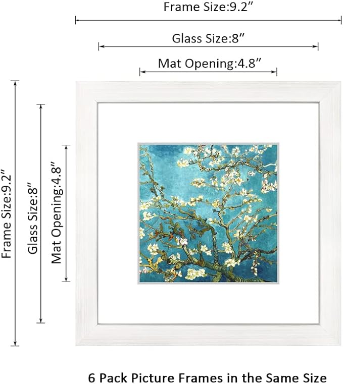 8x8 Picture Frame Set of 6 with Real Glass for Pictures 5x5 with Mat or 8x8 Without Mat, Wall Mounting or Tabletop display Photo Frames in White