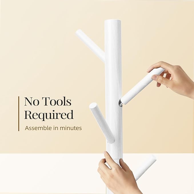 Pipishell Sturdy Wooden Coat Stand, 3 Adjustable Sizes Coat Tree with 8 Hooks, Coat Stands for Hallway Entryway, Hat Stand for Clothes, Used in Bedroom/Office/Hallway/Entryway, White